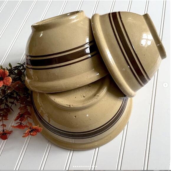 Antique 1930s Yellowware RRPC Ransbottom Mixing Bowl Brown Band Stripe SET of 3 - Picture 1 of 12